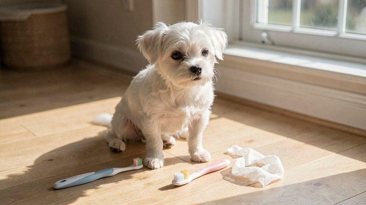 明るい 午前 の 光 が 差し込む 室内 で、白い タオル の 上 に 置 か れ た 犬 用 の 歯ブラシ と ペースト の チューブ、奥 に 犬 の 寝床 が 写る 俯瞰 の 構図。